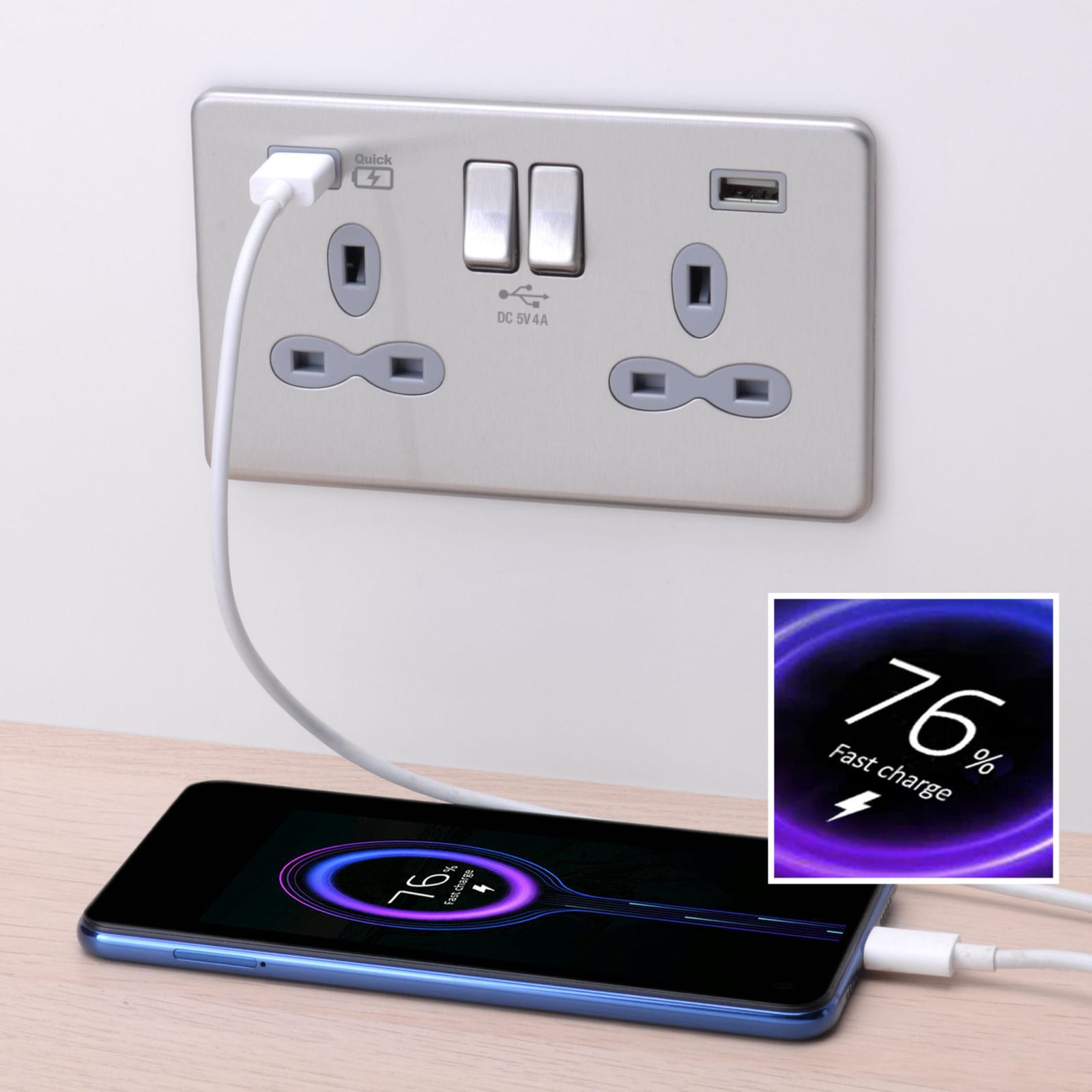 Slimline Screwless 2G Socket with Dual USB Charger (4A Type A + Type
