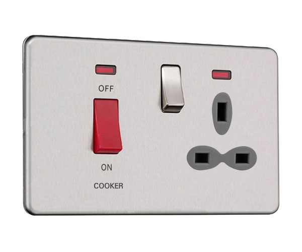 Slimline Screwless 45A DP Cooker Control Unit and 13A Single Socket with Neon