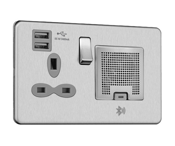 Slimline Screwless 2 gang 13A switched socket with USB (2.4A) and Bluetooth audio (TWS Function)