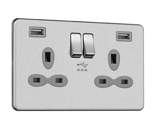 Slimline Screwless 2G Socket with Dual USB Charger (4A)