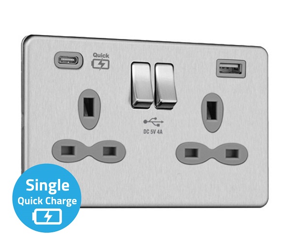 Slimline Screwless 2G Socket with Dual USB Charger (4A – Type A + Type C Quick charge)