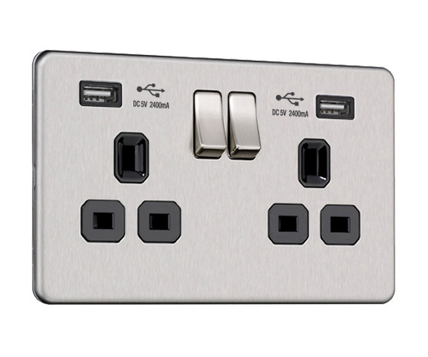 Flat Plate Screwless 2G Socket with Dual USB Charger (2.4A)