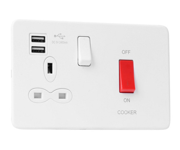 Slimline Screwless 45 AMP Cooker Switch Socket Outlet with Dual USB Charger (2.4A)