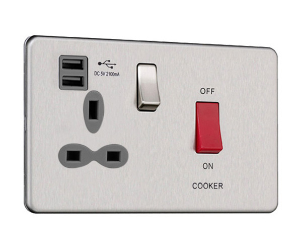 Slimline Screwless 45 AMP Cooker Switch Socket Outlet with Dual USB Charger (2.4A)