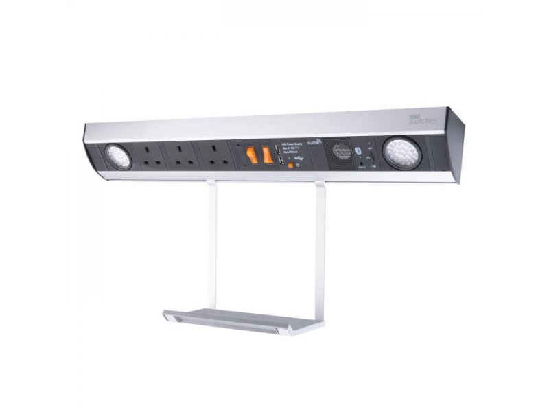 Power station with hanging tray – 3 x BS socket , Dual USB charger, Bluetooth Audio, 2 x LED light