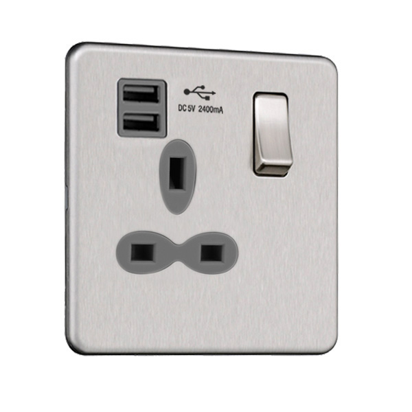 Slimline Screwless 1G Socket with Dual USB Charger (2.4A)