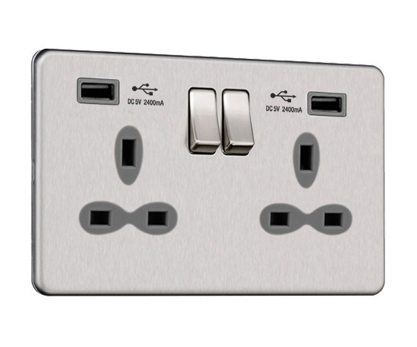 Slimline Screwless 2G Socket with Dual USB Charger (2.4A)