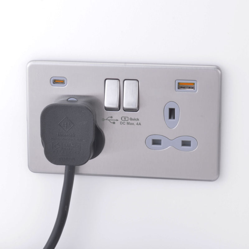Slimline Screwless 2G Socket with Dual USB Quick Charger (4A – Type A + Type C)