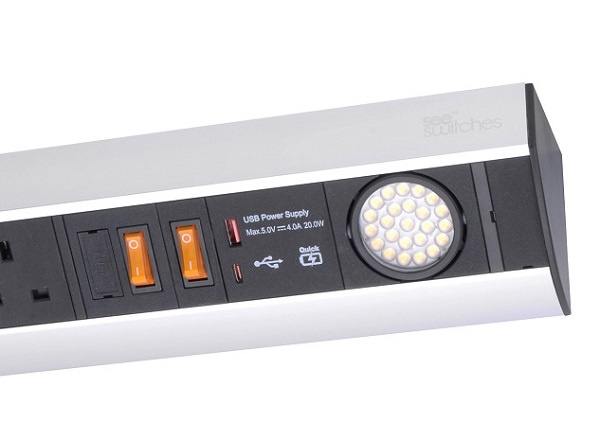 Power Station (Under Cabinet) – with 2 LED spot light, 3 Sockets & Dual USB Quick charger