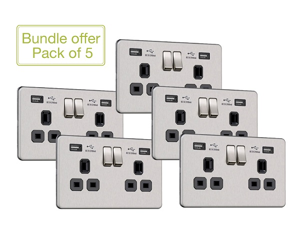 Flat Plate Screwless 2G Socket with Dual USB Charger (2.1A) (Pack of 5)