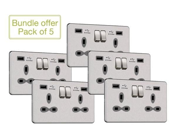 Slimline Screwless 1G Socket with Dual USB Charger (2.1A) (Pack of 3)