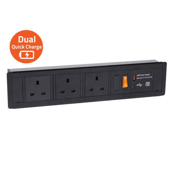 Desktop Power Station – 3 Sockets with Dual USB Quick charger (Recessed mount)