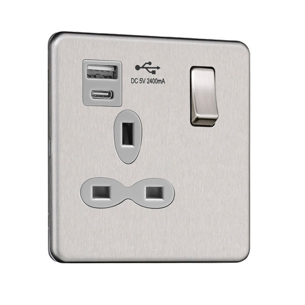 Slimline Screwless 1G Socket with Dual USB Charger (USB A+C)