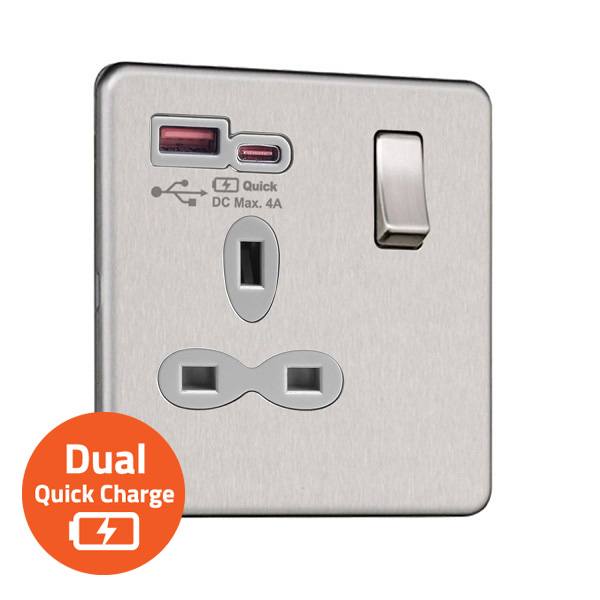 Slimline Screwless 1G Socket with Dual USB Quick Charger (4A – Type A + Type C)