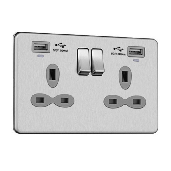 Slimline Screwless 13A 2G Socket with USB 2400mA & charging indicator