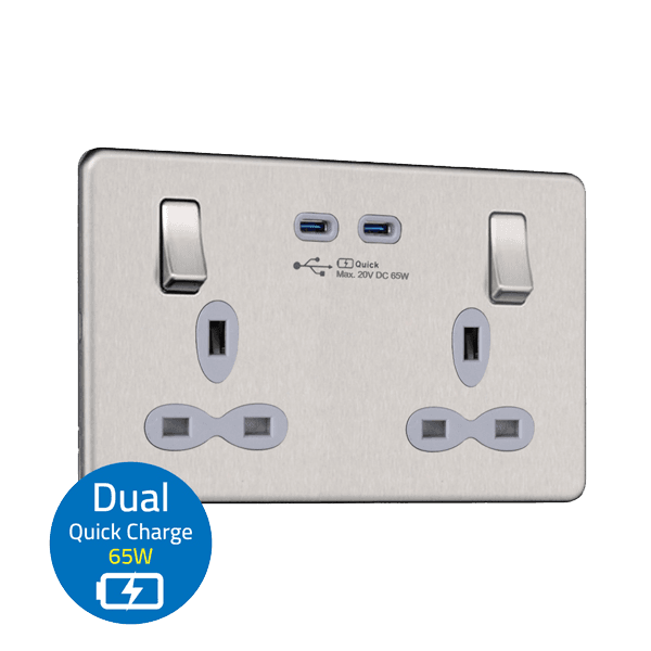 Slimline Screwless 13A 2G Switched Outboard Socket Outlet with 65W Dual USB-C Quick Charger