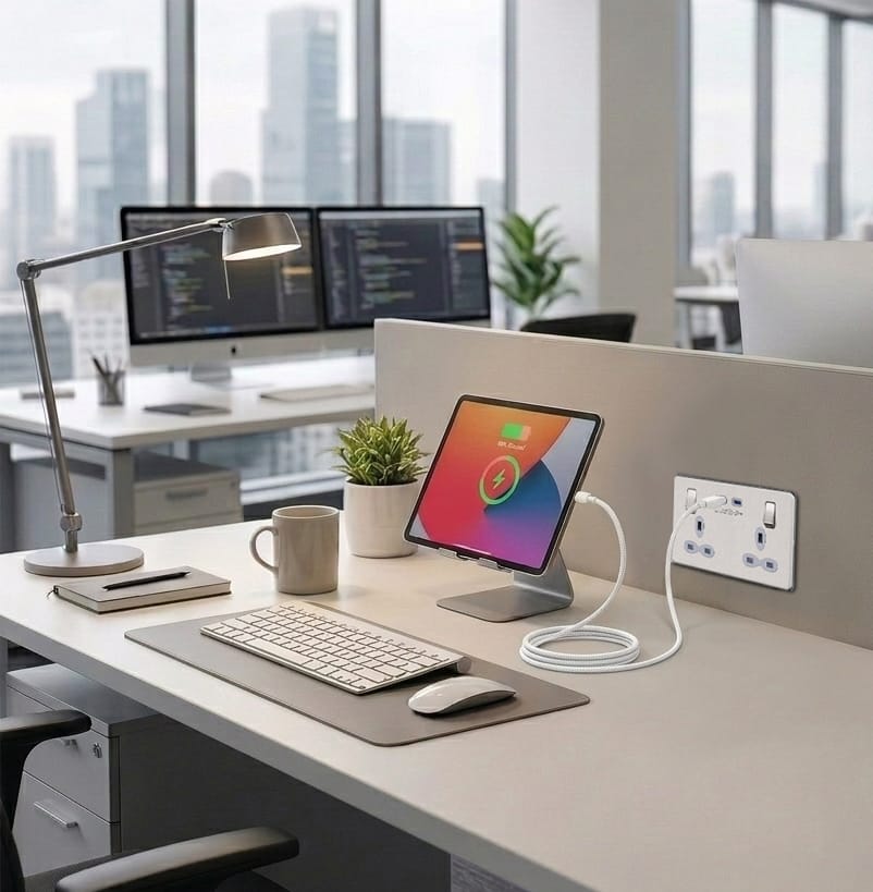 Slimline Screwless 13A 2G Switched Outboard Socket Outlet with 65W Dual USB-C Quick Charger Slimline Screwless 13A 2G Switched Outboard Socket Outlet with 65W Dual USB-C Quick Charger