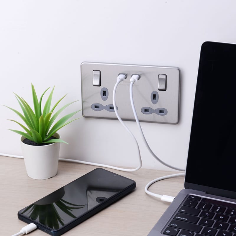 Slimline Screwless 13A 2G Switched Outboard Socket Outlet with 65W Dual USB-C Quick Charger Slimline Screwless 13A 2G Switched Outboard Socket Outlet with 65W Dual USB-C Quick Charger